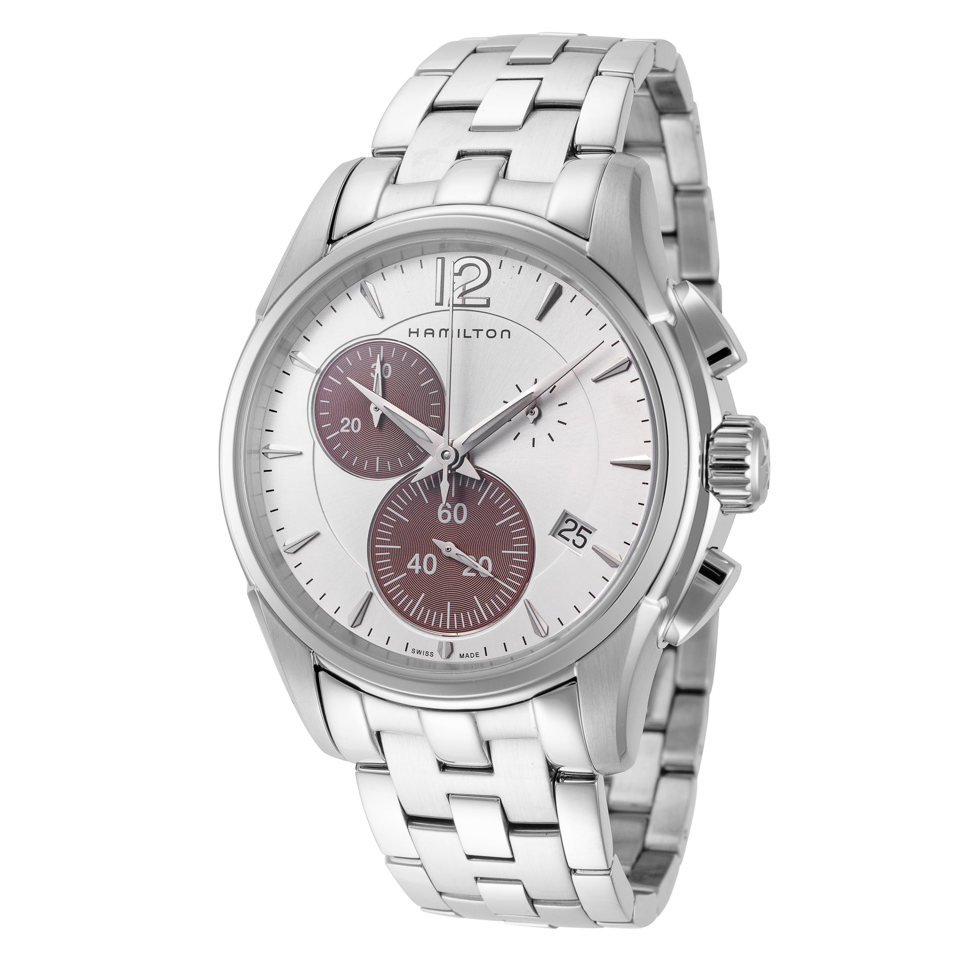 title:Hamilton Men's H32612151 Jazzmaster 42mm Quartz Chronograph Watch;color:Brown and Silver Dial Silver Band