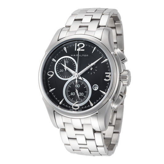 title:Hamilton Men's H32612135 Jazzmaster 42mm Quartz Chronograph Watch;color:Black Dial Silver Band