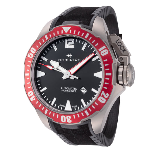 title:Hamilton Men's H77805335 Khaki Navy Frogman 46mm Automatic Watch;color:Black Dial Black Band