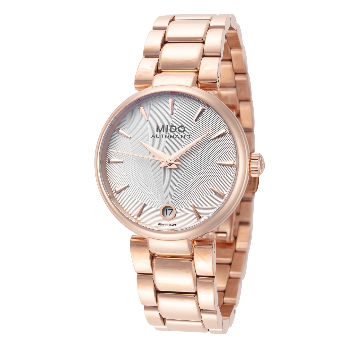 title:Mido Women's M0222073303110 Baroncelli II 33mm Automatic Watch;color:Silver Dial Rose Gold Band