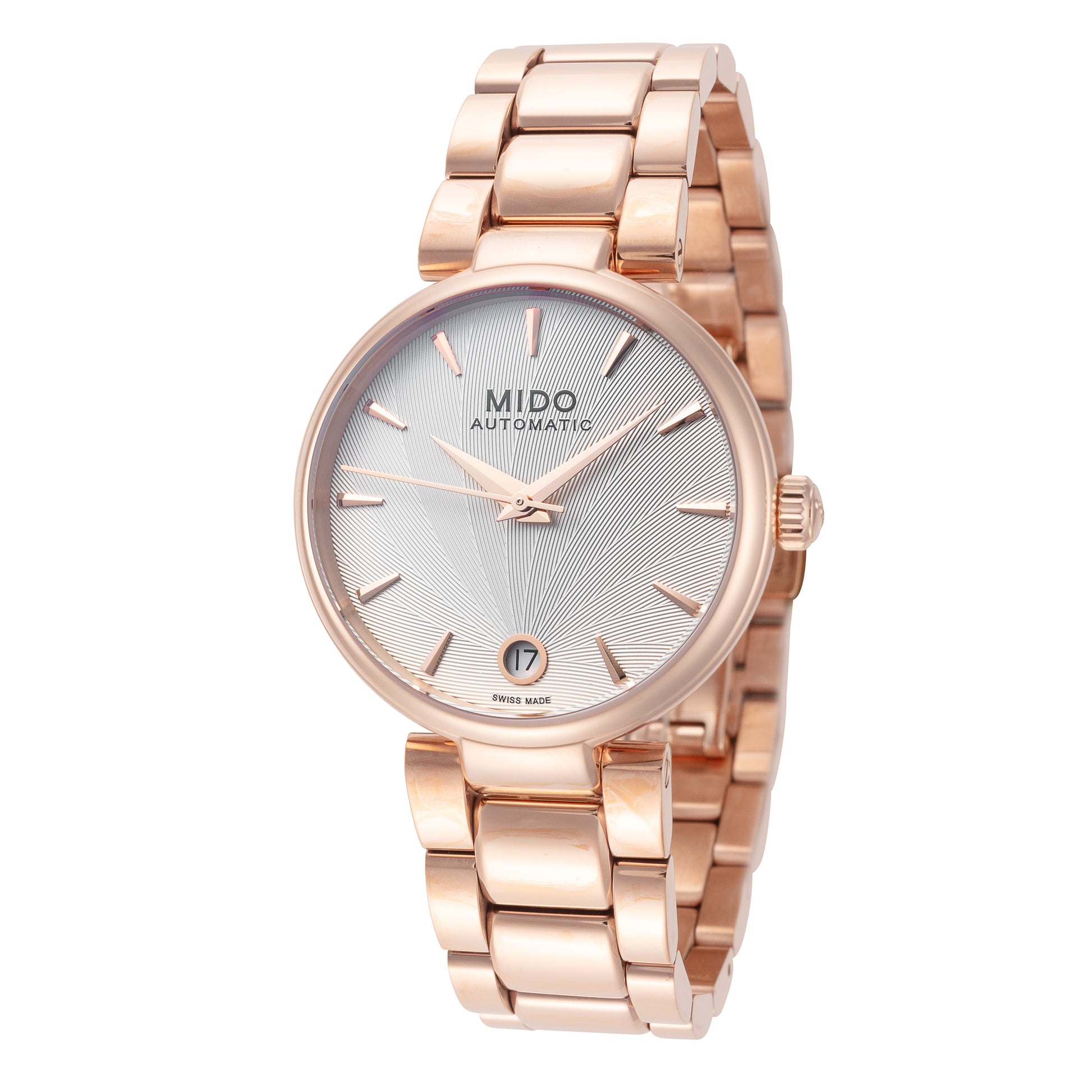 title:Mido Women's M0222073303110 Baroncelli II 33mm Automatic Watch;color:Silver Dial Rose Gold Band