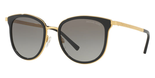 title:Michael Kors Women's Adrianna 54mm Black and Gold Sunglasses MK1010-110011-54;color:Black and Gold frame, Grey Gradient lens