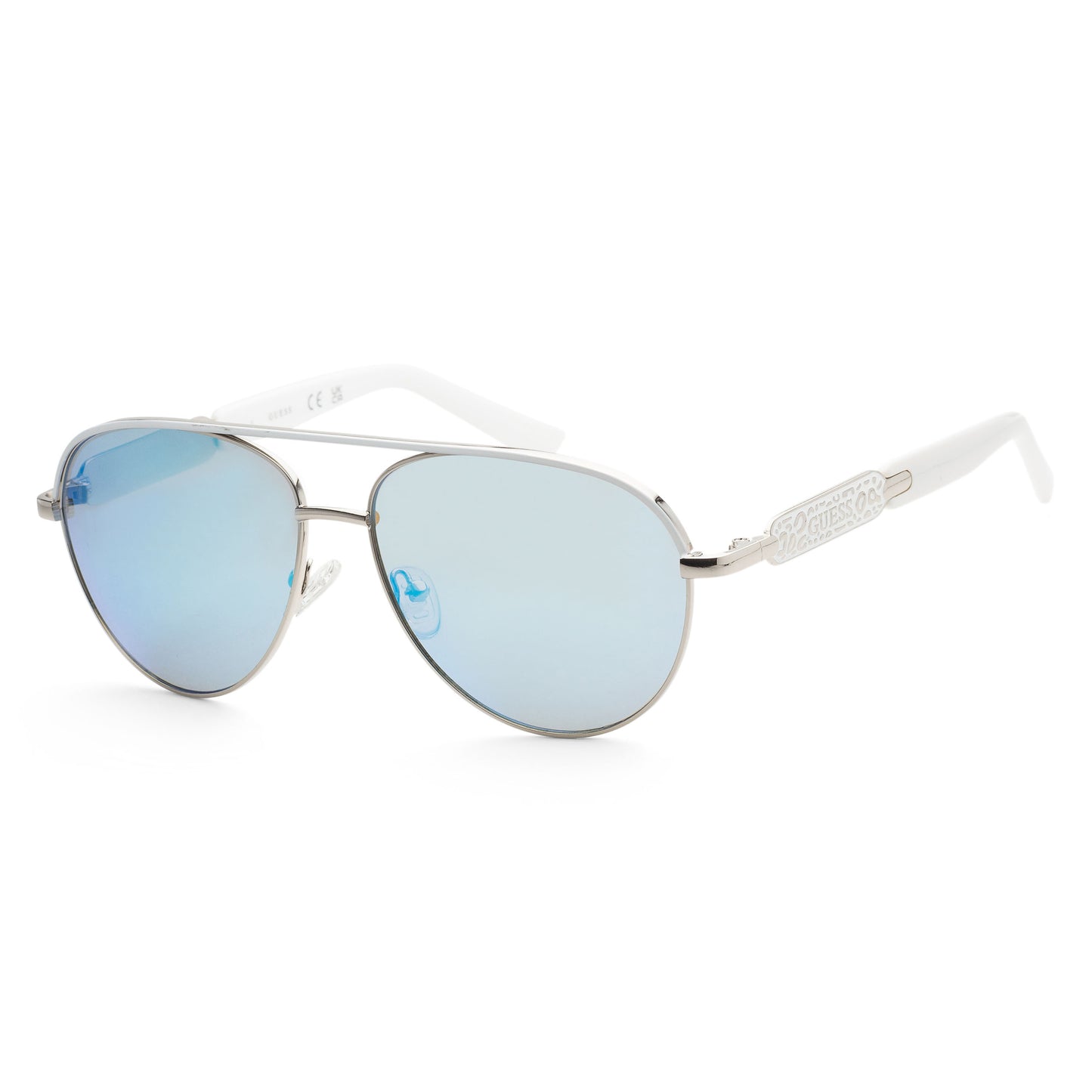 title:Guess Women's 57 mm Shiny Dark Nickeltin Sunglasses GF0287-06X;color:Shiny Dark Nickeltin frame, Blue Mirror lens