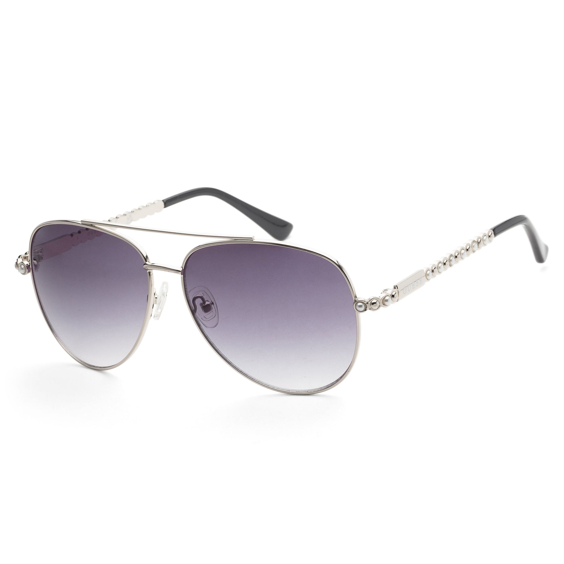 title:Guess Women's 59 mm Shiny Light Nickeltin Sunglasses GF0356-10B;color:Shiny Light Nickeltin frame, Smoke Gradient lens