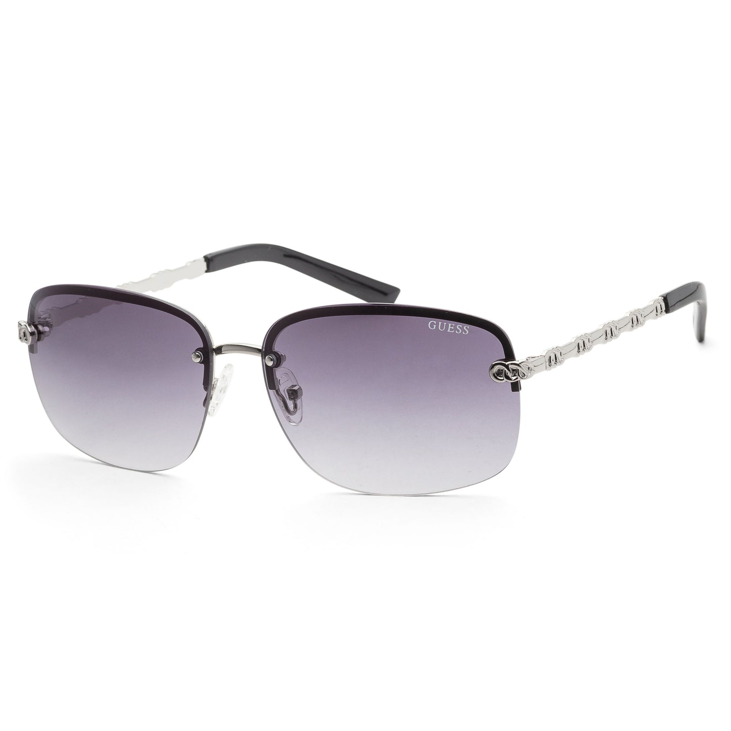 title:Guess Women's 66 mm Shiny Light Nickeltin Sunglasses GF0388-10B;color:Shiny Light Nickeltin frame, Smoke Gradient lens