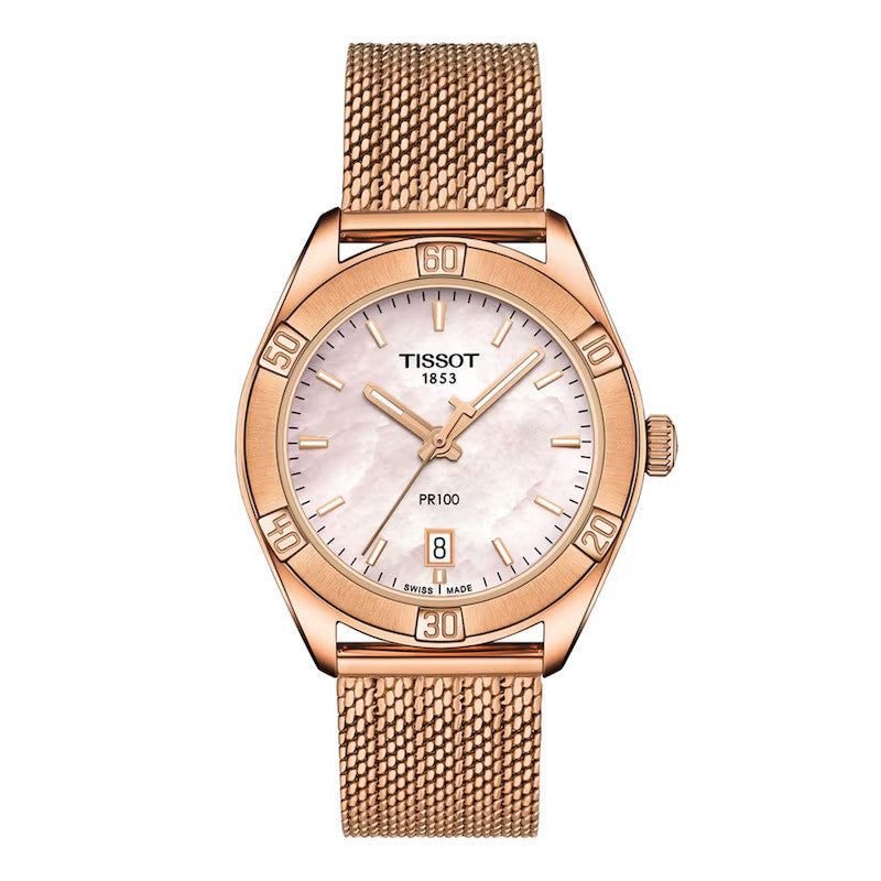 title:Tissot Women's T1019103315100 PR 100 36mm Pink MOP Dial Stainless Steel Watch;color:Rose Gold