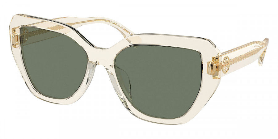 title:Tory Burch Women's Transparent Pinot Sunglasses TY7194F-19523H-57;color:Transparent Pinot frame, Dark Green lens