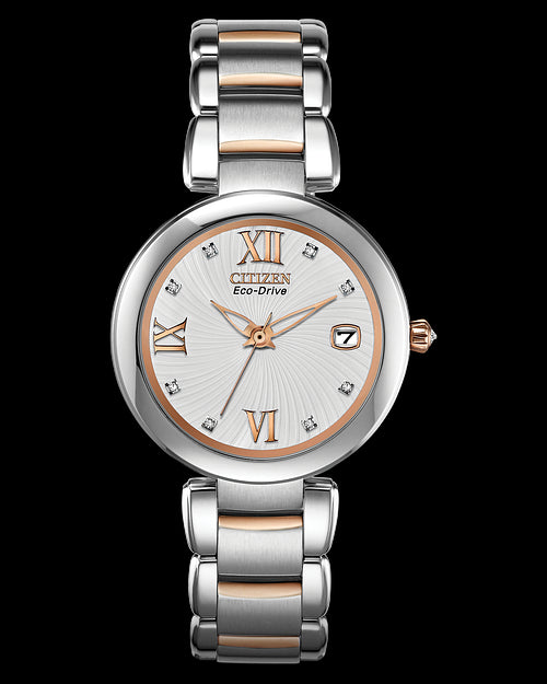 title:Citizen Women's Marne 33mm Solar Quartz Eco-Drive Watch EO1116-57A;color:Silver and Rose Gold