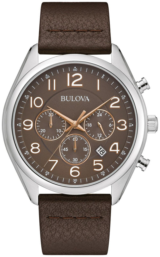 title:Bulova Men's Classic Stainless Steel Brown Dial Chronograph Leather Strap Wat;color:Brown