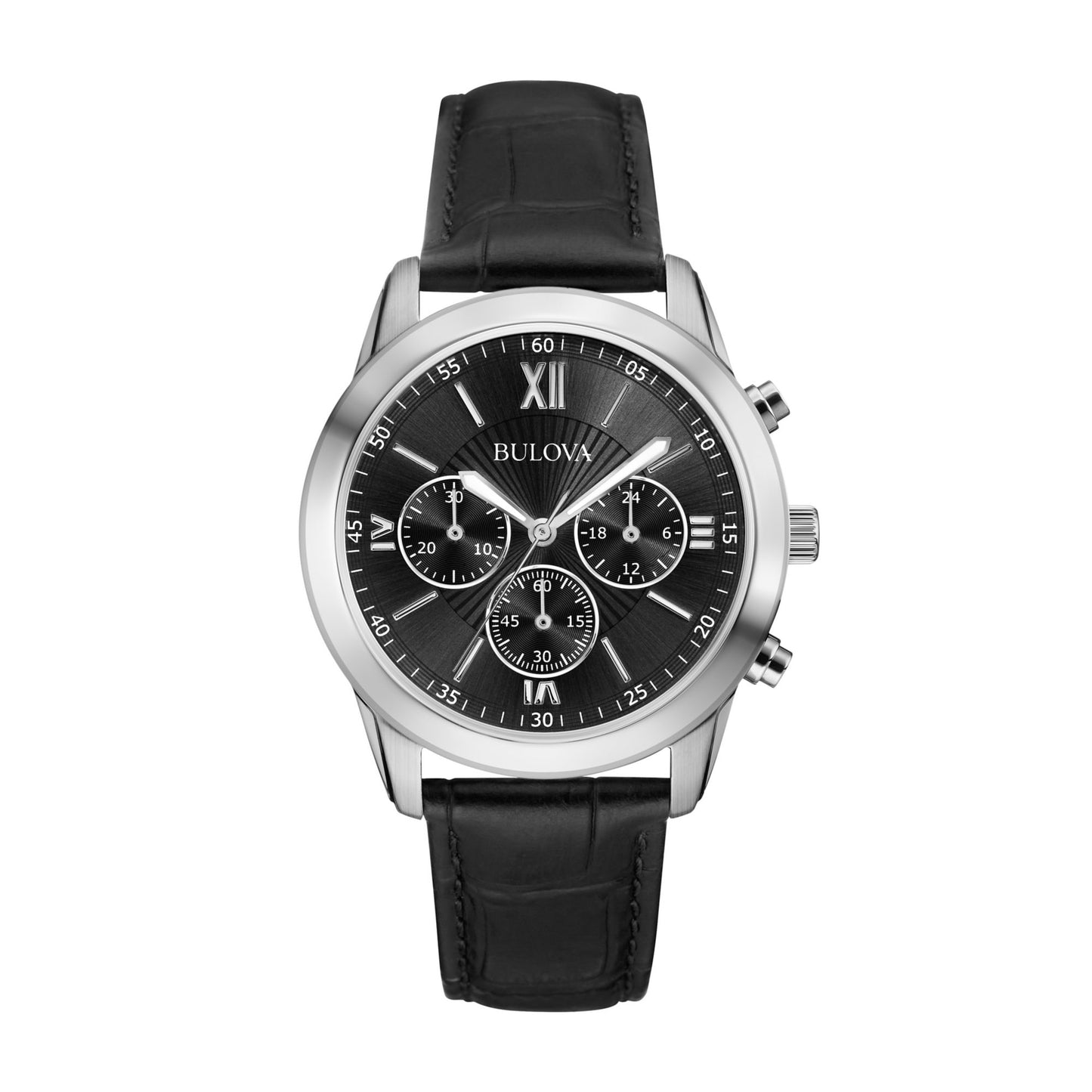 title:Bulova Men's Classic Chronograph Leather Watch;color:Black