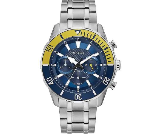 title:Bulova Men's Stainless Steel Chronograph Watch with Blue Dial;color:Silver