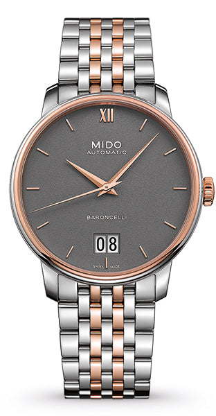 title:Mido Men's Baroncelli 40mm Automatic Watch M0274262208800;color:Silver and Rose Gold