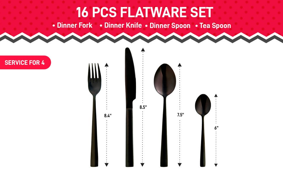 Safdie & Co. Silverware Flatware Cutlery Stainless Steel Black Onyx Square 16 piece Set