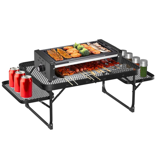 title:Foldable Camping Table Collapsible Picnic Aluminum Alloy Grill Stand 88LBS Max Load BBQ Table with 2 Side Trays;color:Black