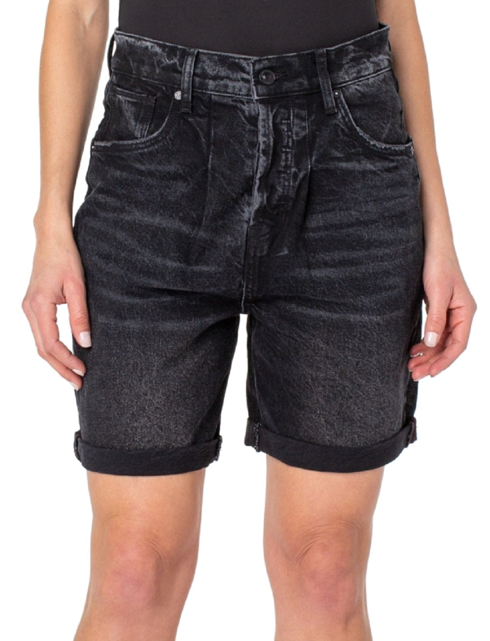 Earnest Sewn Women's Cuffed Pleated Denim Shorts Gray