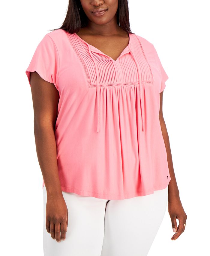 Tommy Hilfiger Women's Plus Pintucked Ladder Tee Pink Size 0X