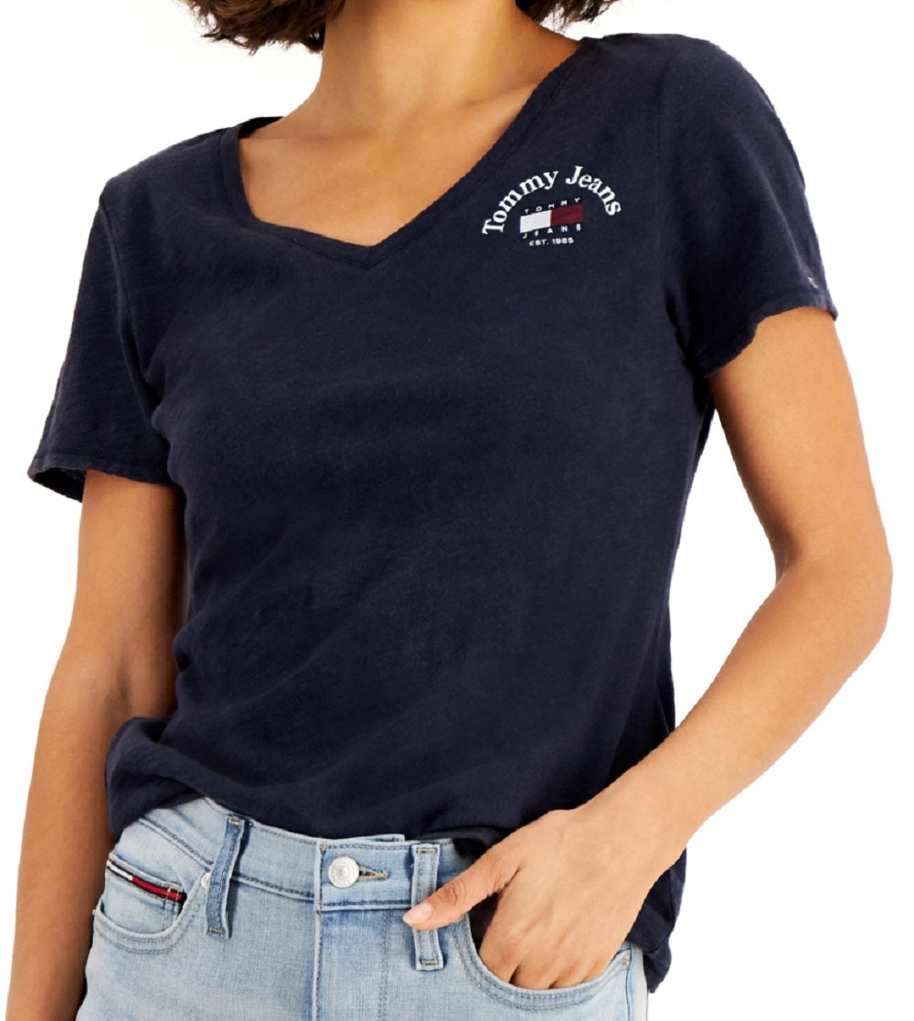 Tommy Jeans Women's V Neck Cotton T-Shirt Blue Size X-Small