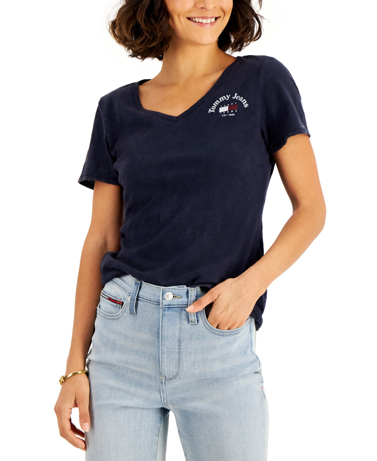 Tommy Jeans Women's V Neck Cotton T-Shirt Blue Size X-Small