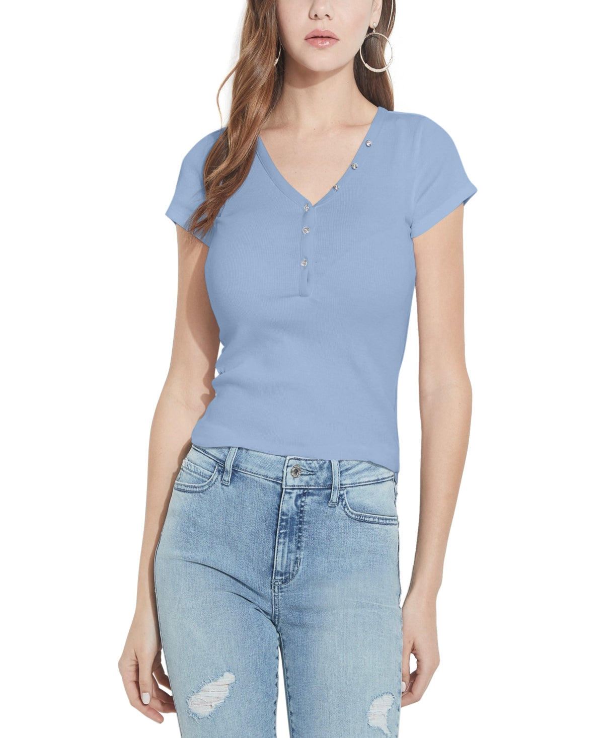 GUESS Women's Organic Cotton V Neck T-Shirt Blue Size X-Small