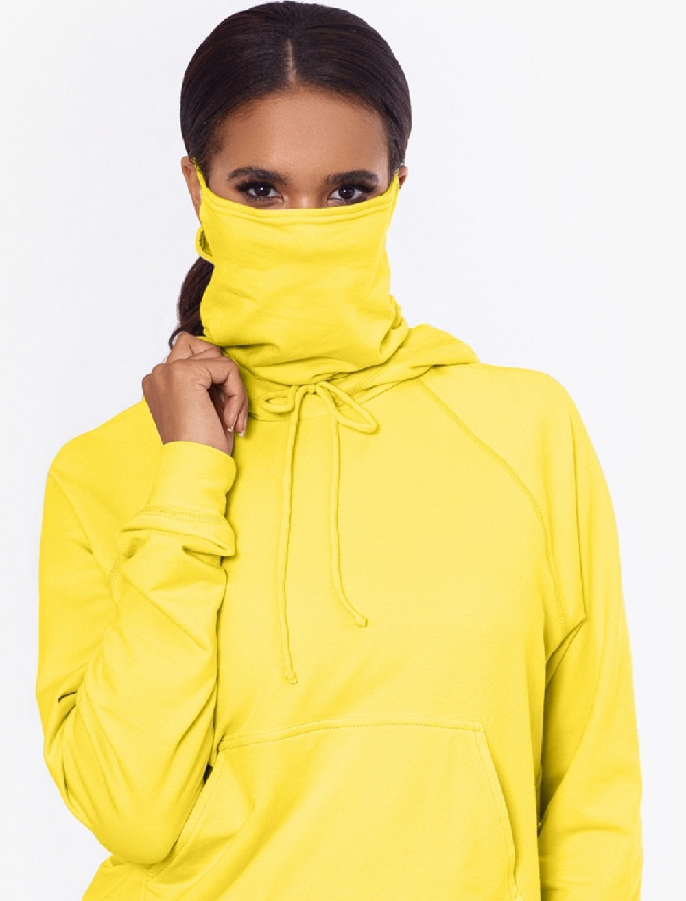 Betsy & Adam Women's Stretch Tie Pocketed Built In Mask Relaxed Fit Long Sleeve Hoodie Top Yellow Size Medium