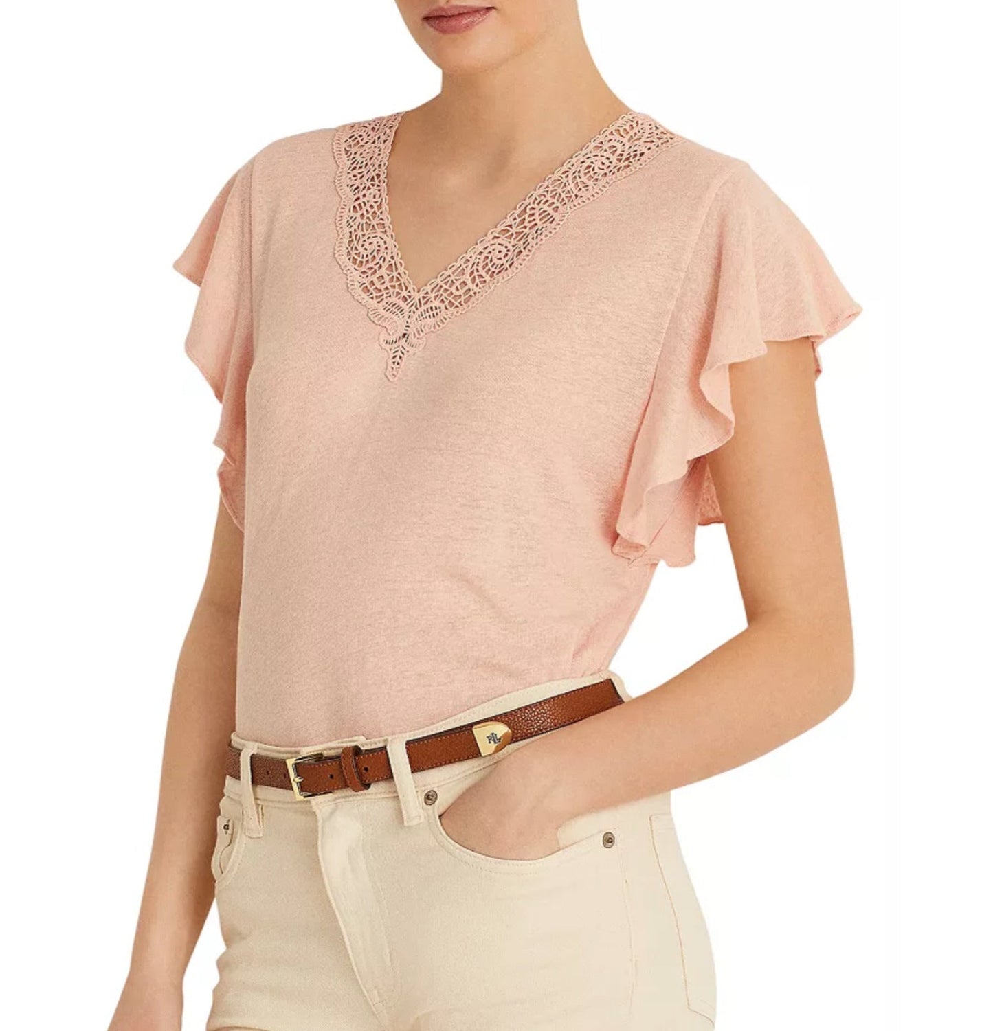 Ralph Lauren Women's Jersey Flutter Sleeve T-Shirt Pink Size Large