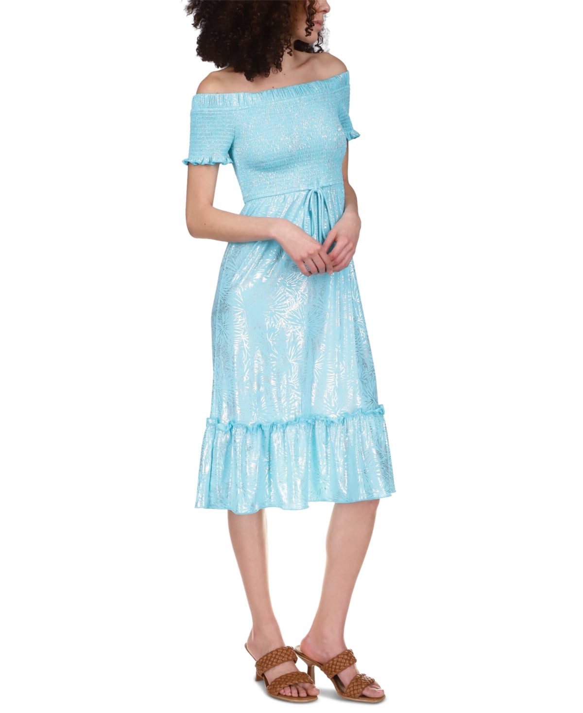 Michael Kors Women's Foil Print Smocked Midi Dress Blue - Ruumur