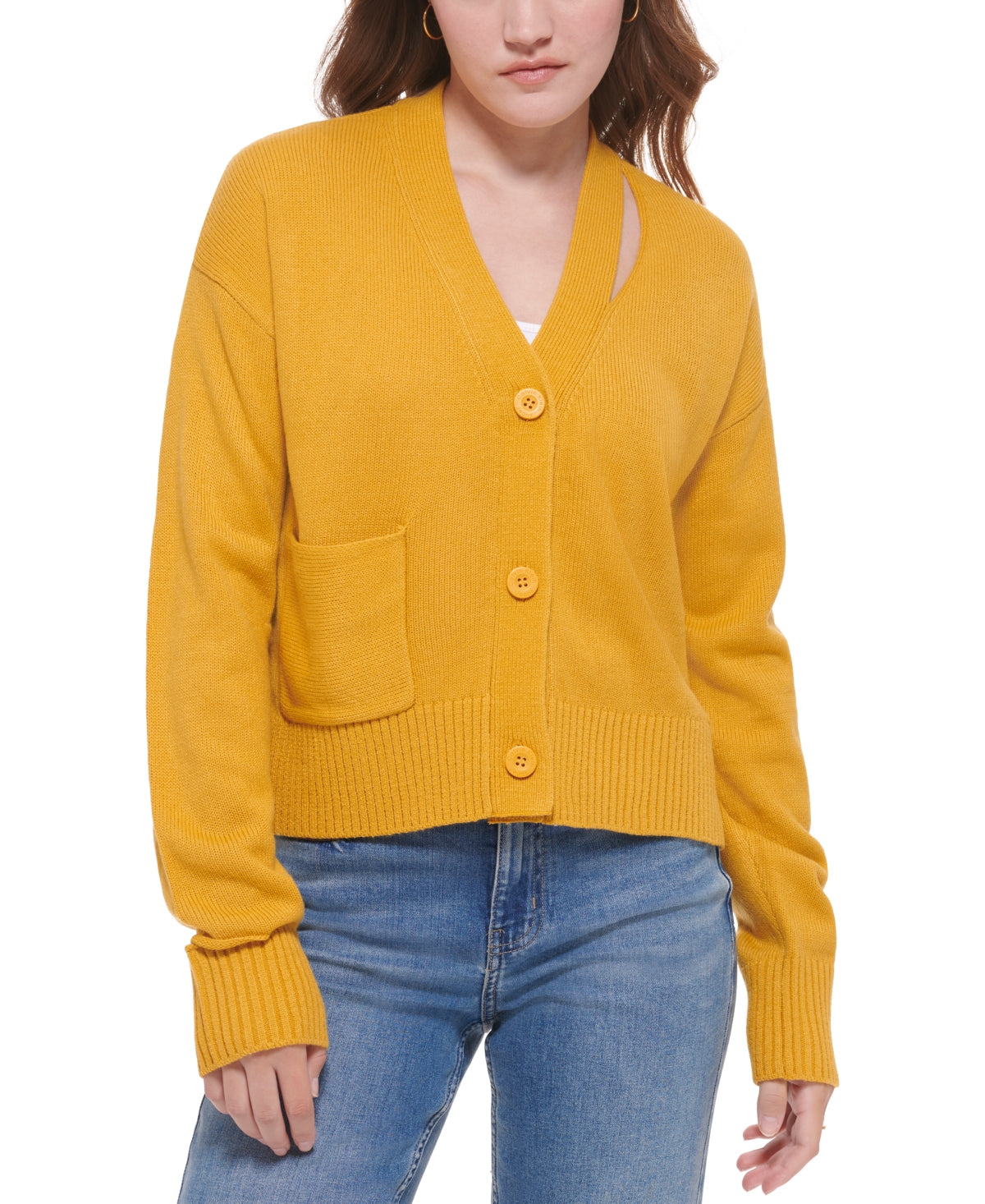 Calvin Klein Women's Cutout V Neck Cardigan Yellow Size Medium