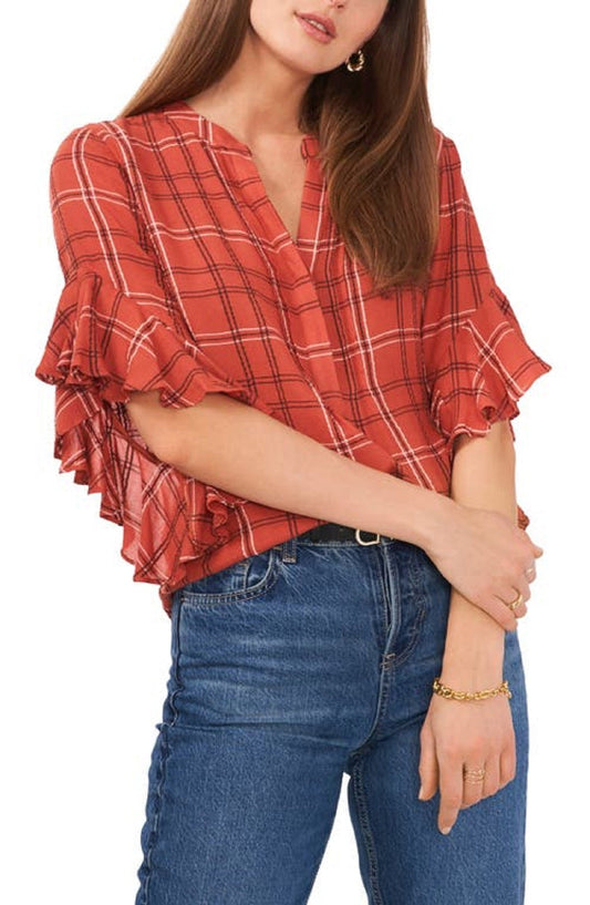 Vince Camuto Women's Plaid Ruffle Sleeve Flannel Shirt Red Size X-Small