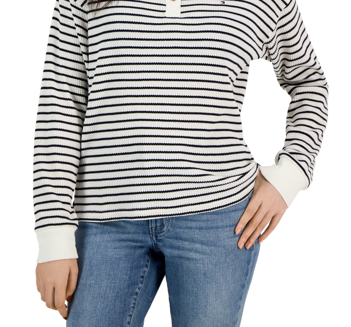 Tommy Hilfiger Women's Long Sleeve Striped Boxy Henley Top White Size Large