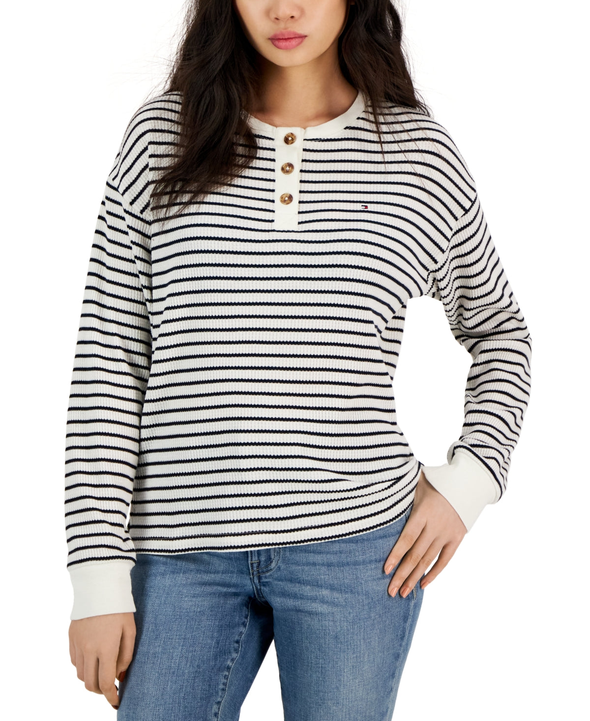 Tommy Hilfiger Women's Long Sleeve Striped Boxy Henley Top White Size X-Small