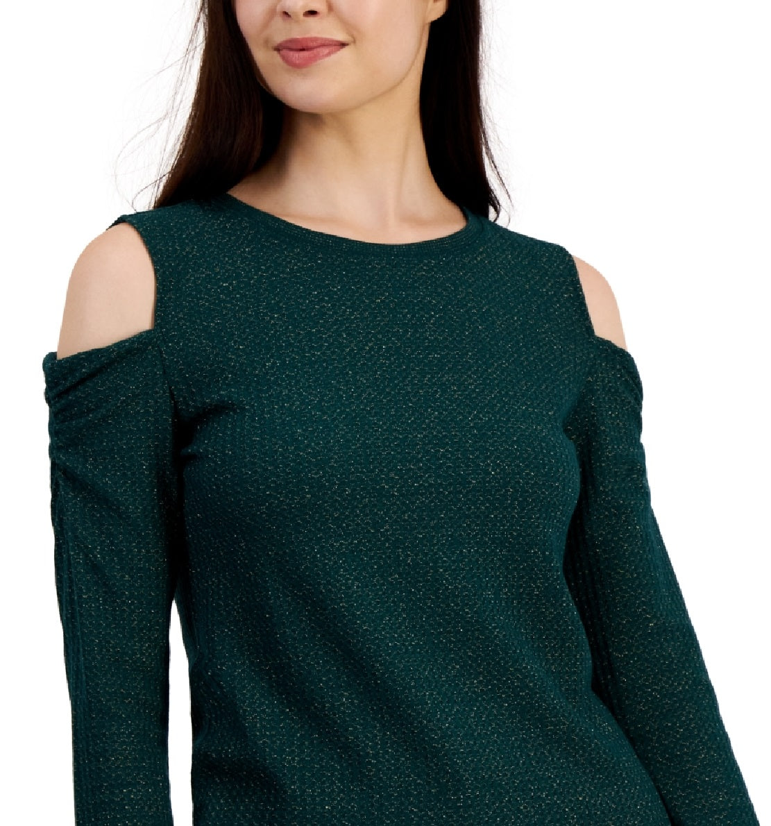 Tommy Hilfiger Women's Metallic Waffled Cold Shoulder Shirt Green