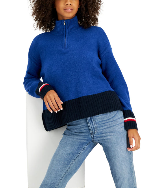 Tommy Hilfiger Women's Colorblocked Half Zip Sweater Blue