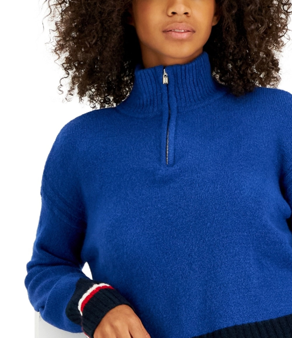 Tommy Hilfiger Women's Colorblocked Half Zip Sweater Blue