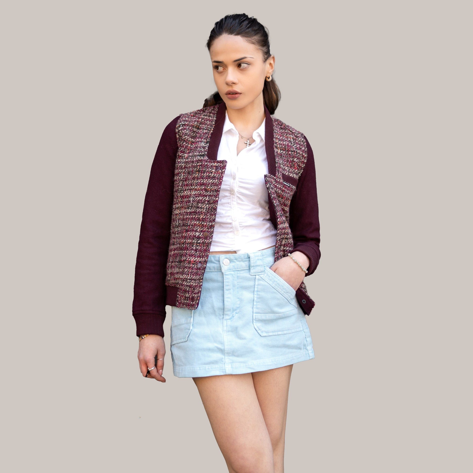 Women's Updated Tweed Varsity Jacket with Contrast Sleeve Womens Jacket Members Only 