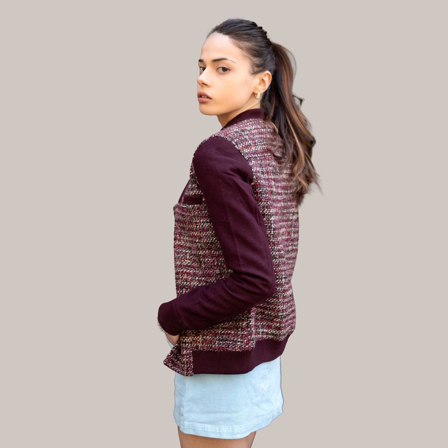 Women's Updated Tweed Varsity Jacket with Contrast Sleeve Womens Jacket Members Only 