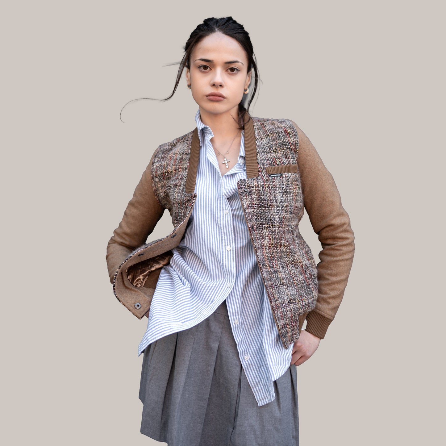 Women's Updated Tweed Varsity Jacket with Contrast Sleeve Womens Jacket Members Only 