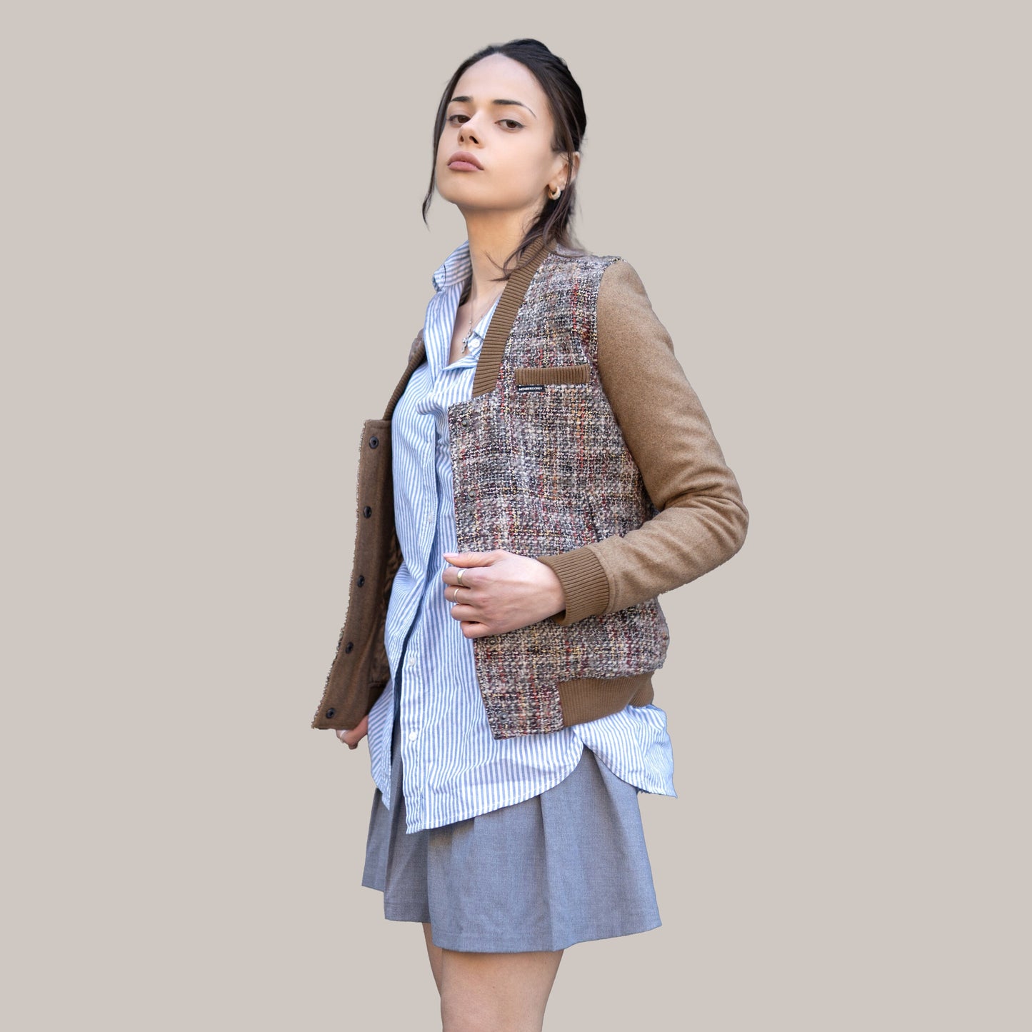 Women's Updated Tweed Varsity Jacket with Contrast Sleeve Womens Jacket Members Only 