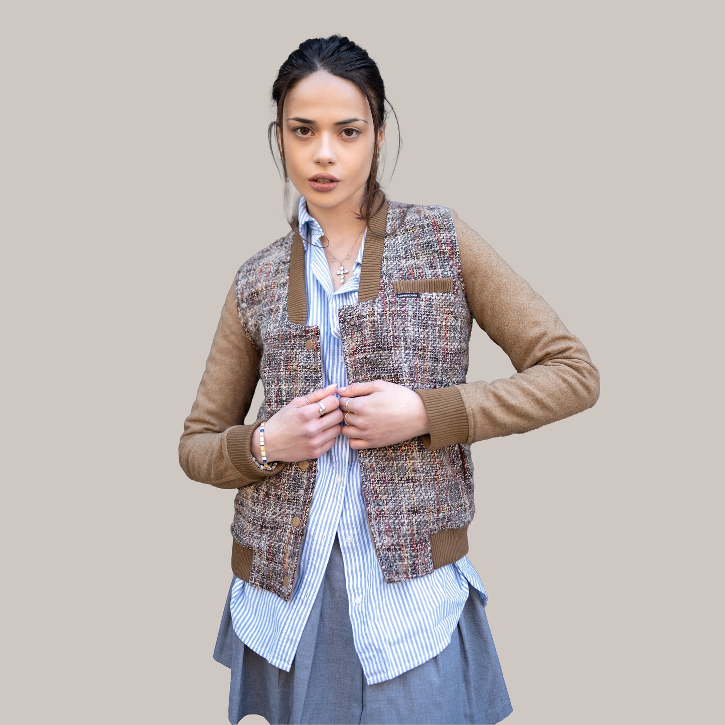 Women's Updated Tweed Varsity Jacket with Contrast Sleeve Womens Jacket Members Only 