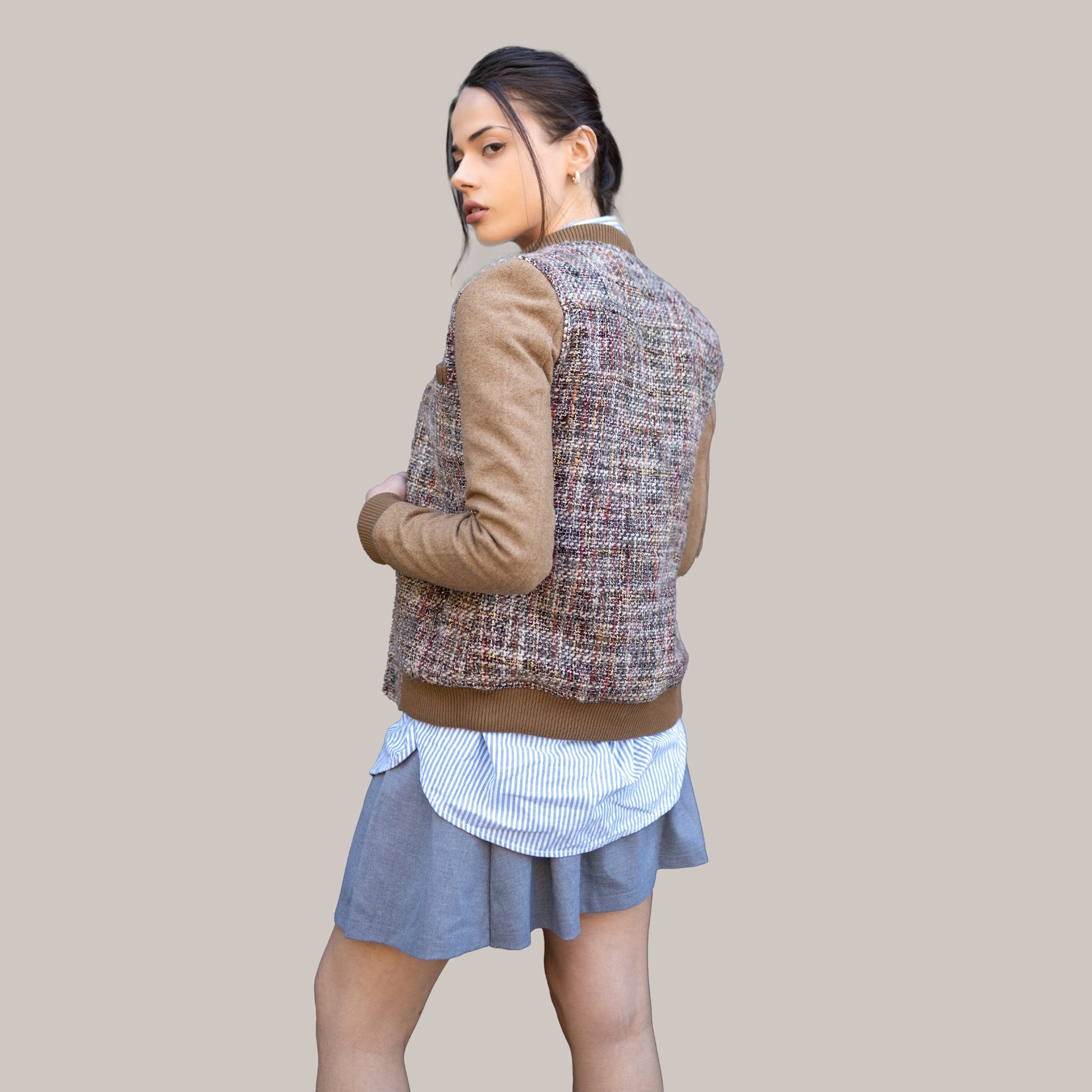 Women's Updated Tweed Varsity Jacket with Contrast Sleeve Womens Jacket Members Only 