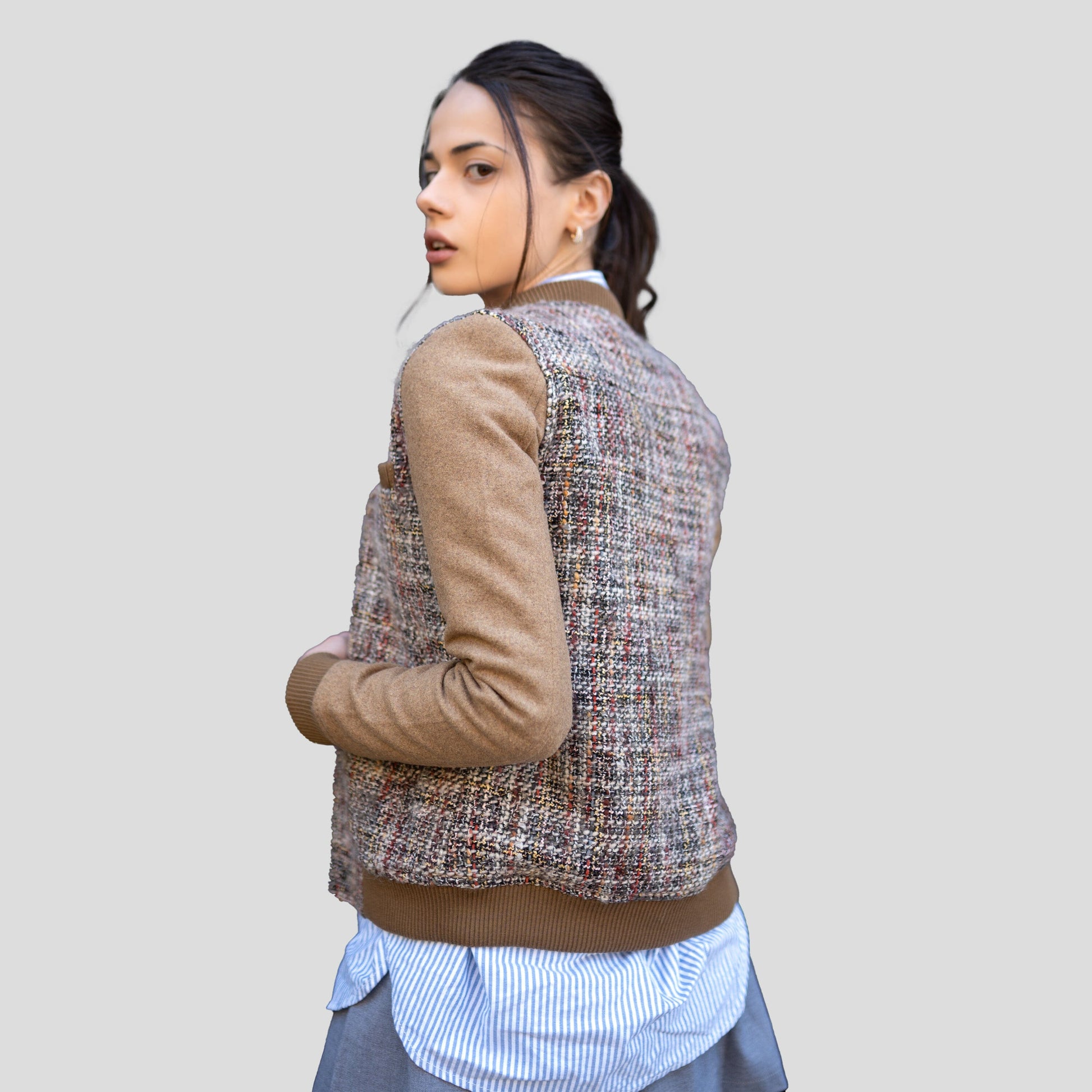 Women's Updated Tweed Varsity Jacket with Contrast Sleeve Womens Jacket Members Only 