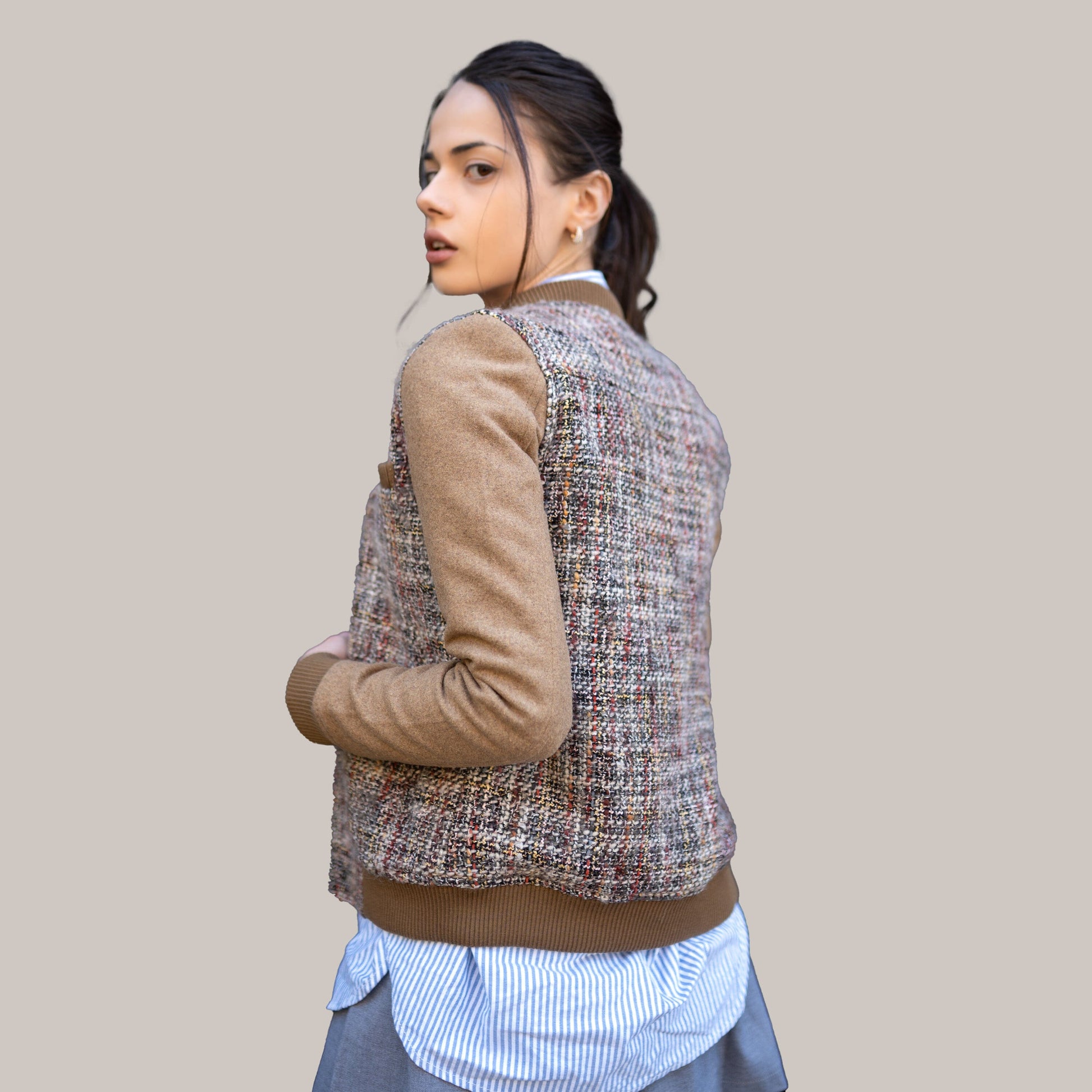 Women's Updated Tweed Varsity Jacket with Contrast Sleeve Womens Jacket Members Only 