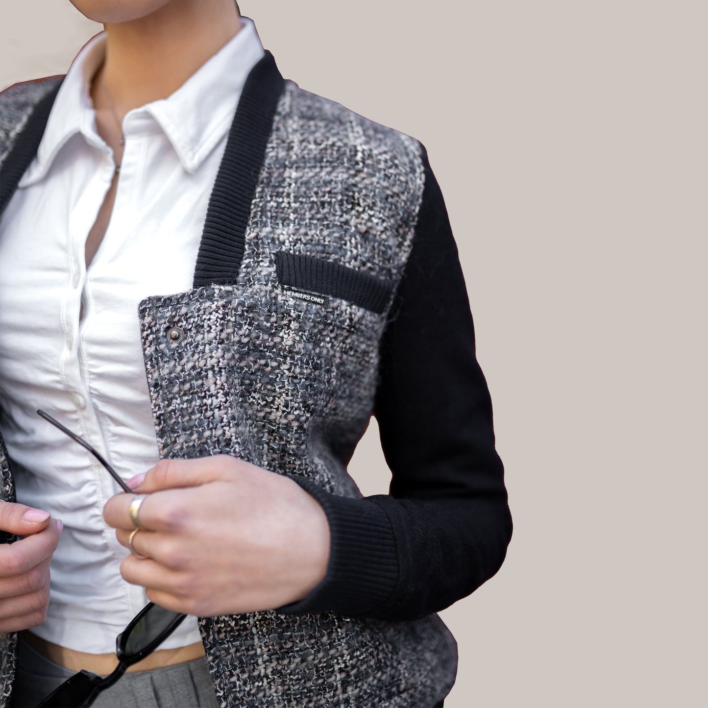 Women's Updated Tweed Varsity Jacket with Contrast Sleeve Womens Jacket Members Only 