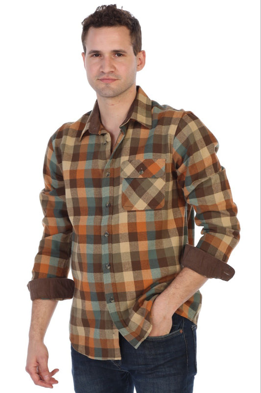 title:Gioberti Men's Orange / Khaki / Teal 100% Cotton Brushed Flannel Plaid Checkered Shirt with Corduroy Contrast;color:Orange / Khaki / Teal