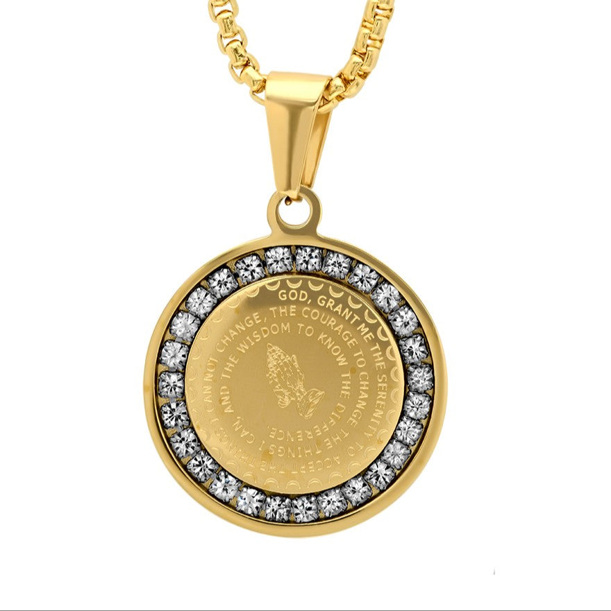 Serenity Prayer Round Pendant With Simulated Diamonds