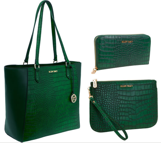 title:Ellen Tracy Croco Shoulder Tote Bag &Single Zip Wallet & Zip Around Wallet Set;color:EMERALD-004