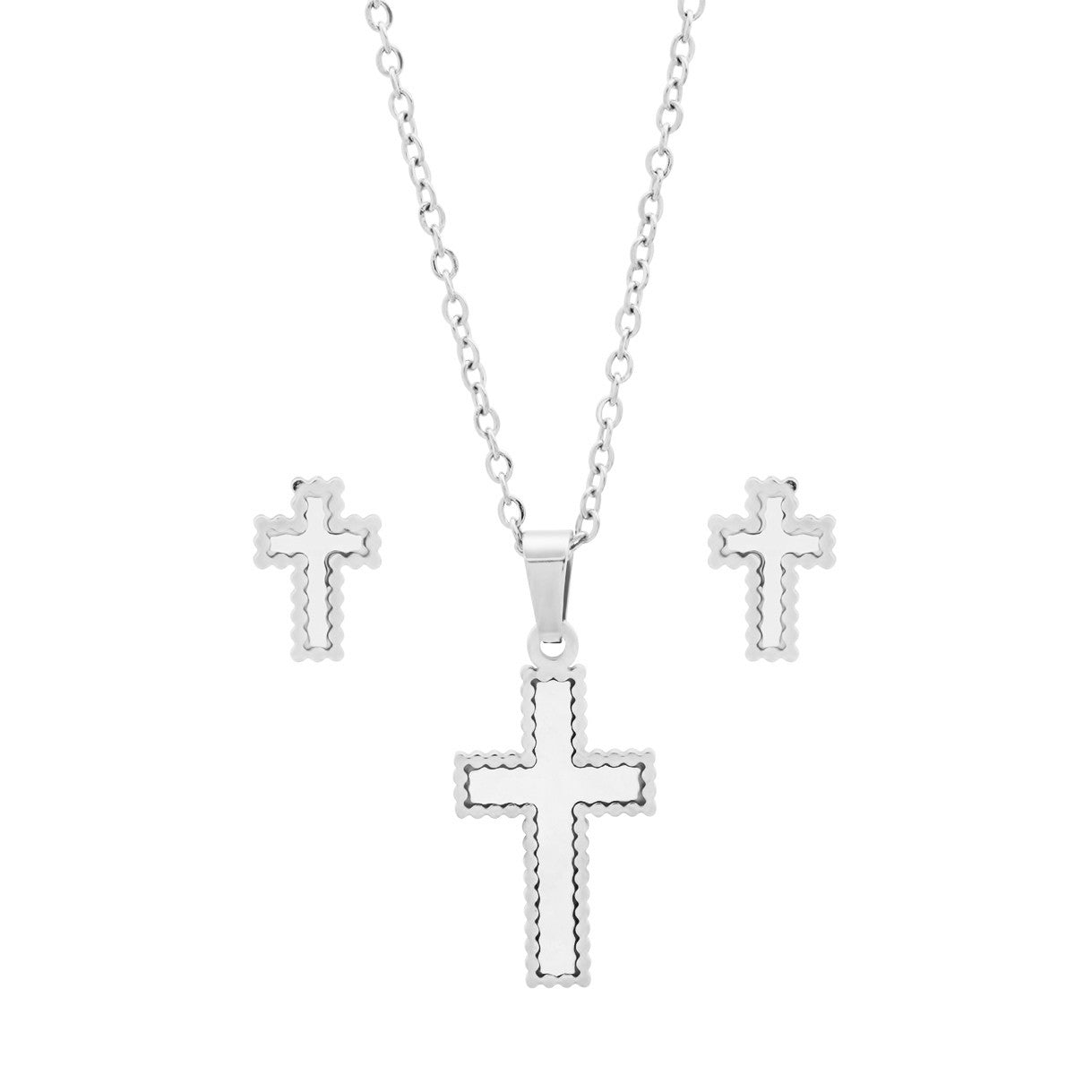 SteelTime Women's Stainless Steel And Mother Of Pearl Cross Earrings/Pendant Set