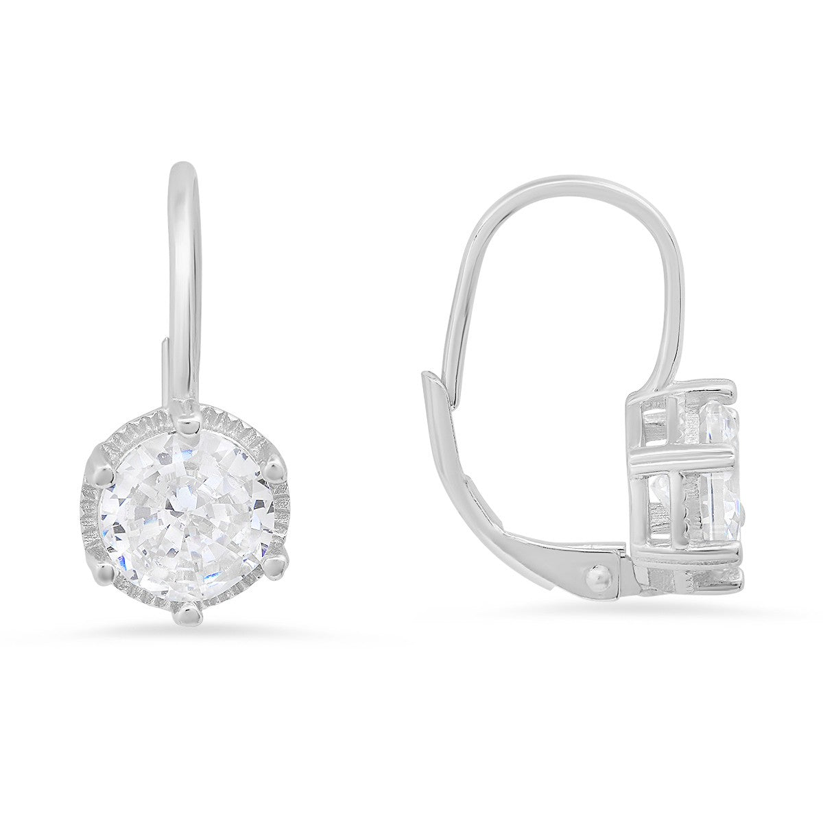 Sterling Silver Round-cut CZ Leverback Earrings - Ruumur