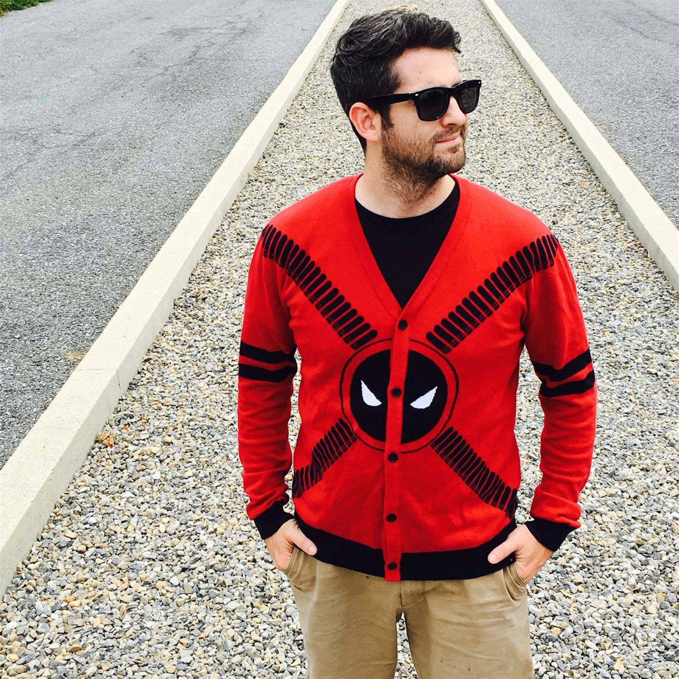 title:Deadpool Symbol and Straps Men's Cardigan;color:Red