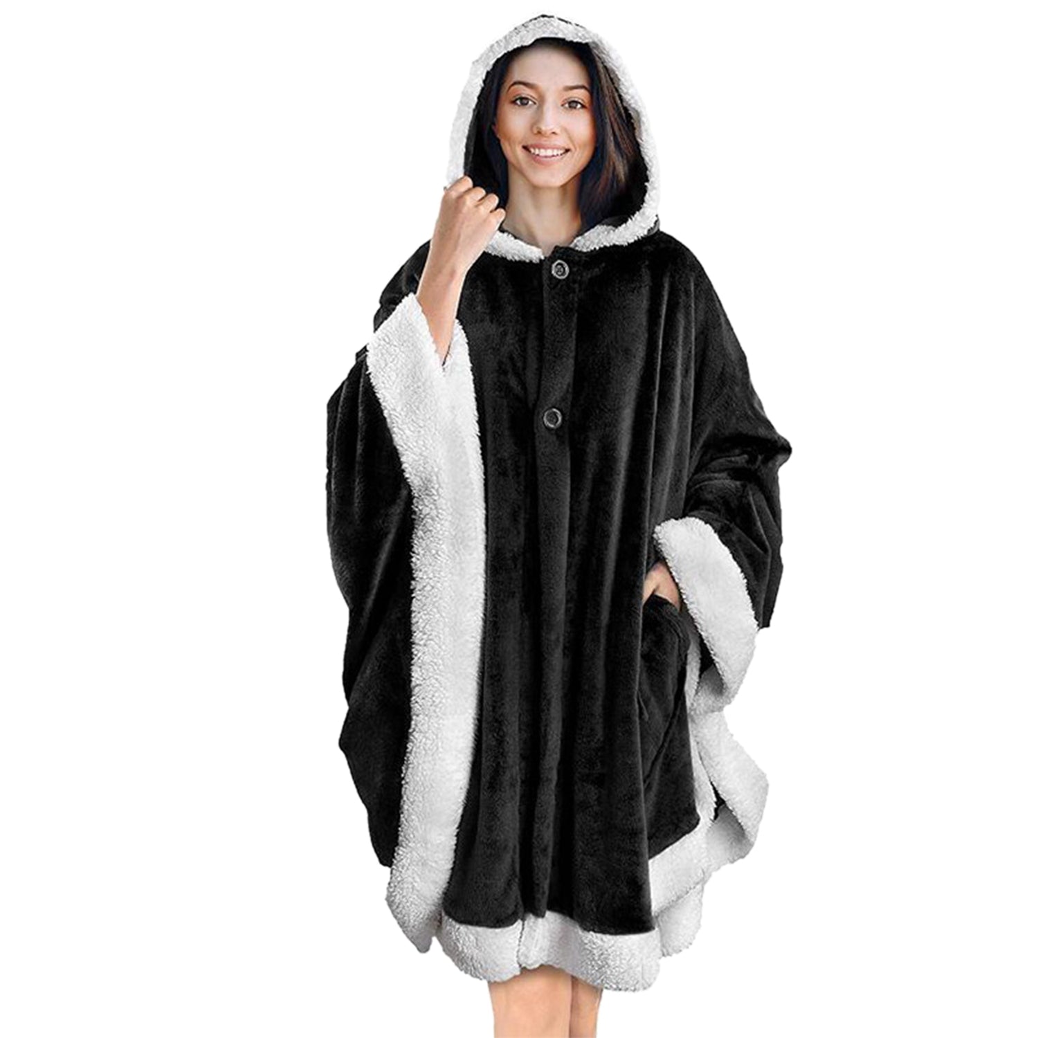 title:Hoodie Blanket Wrap Wearable Hoodie Snuggle Robe Sweatshirt Soft Lined Cuddle Poncho Cape w/ Hat 2 Pockets Buttons;color:Black