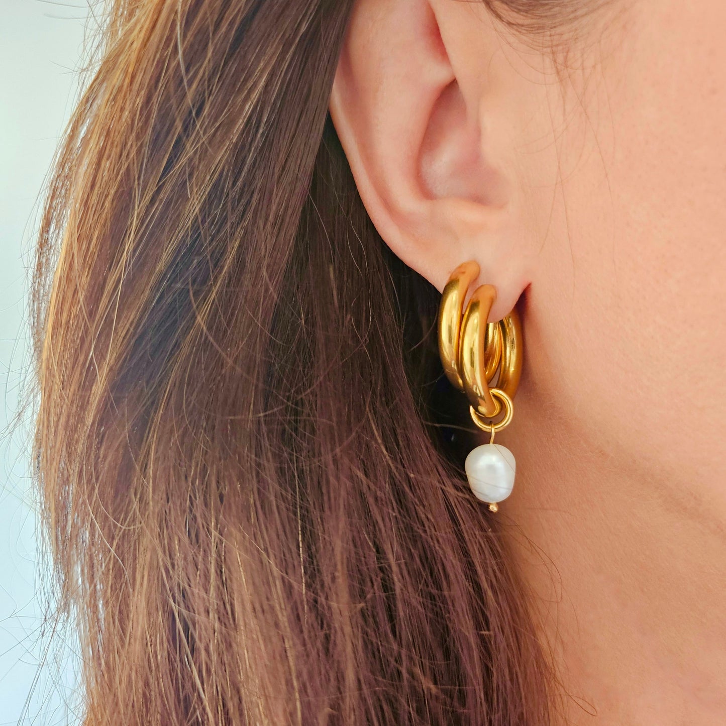 title:Convertible Natural Pearl Hoop Earrings;color:Gold